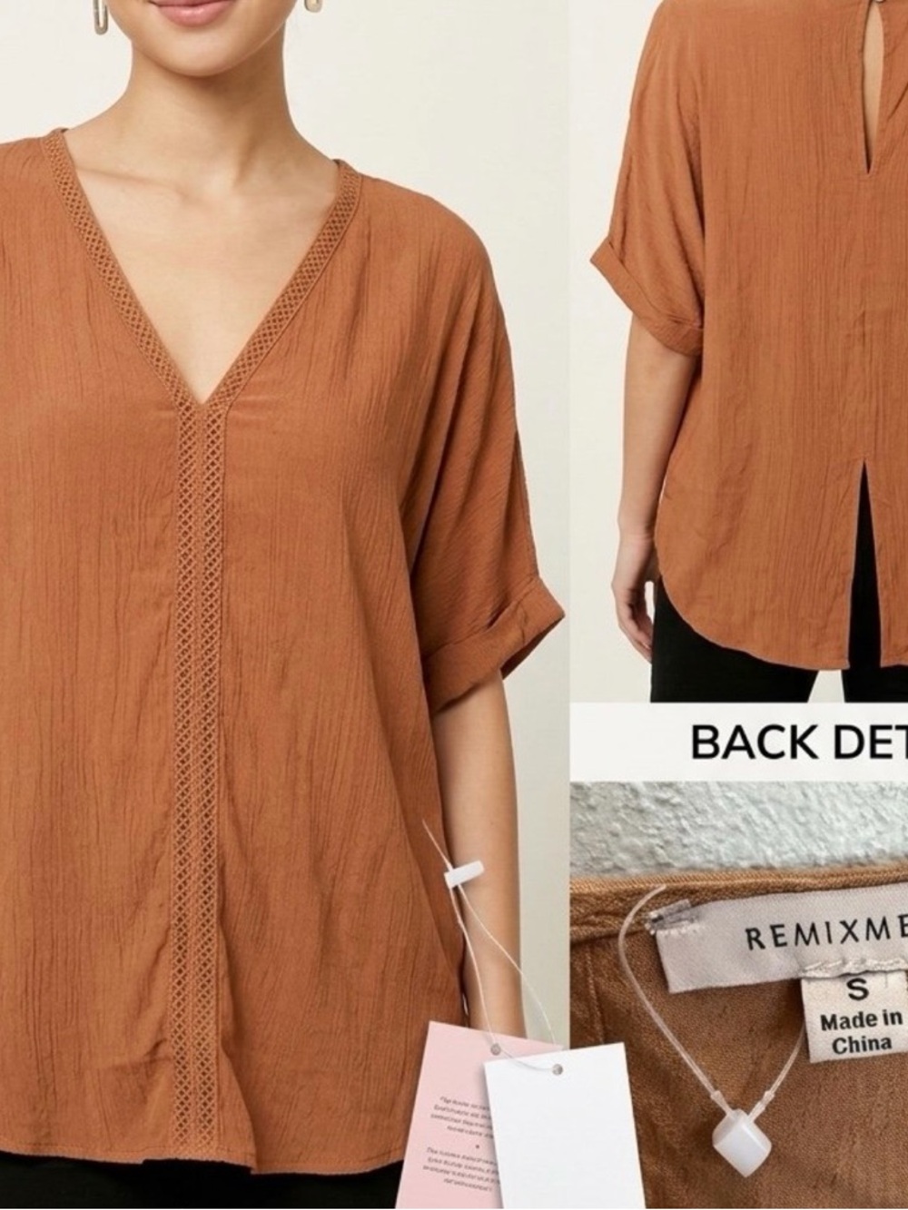 Remixmess Toasted Almond Crochet Trim V-Neck Blouse - NWT